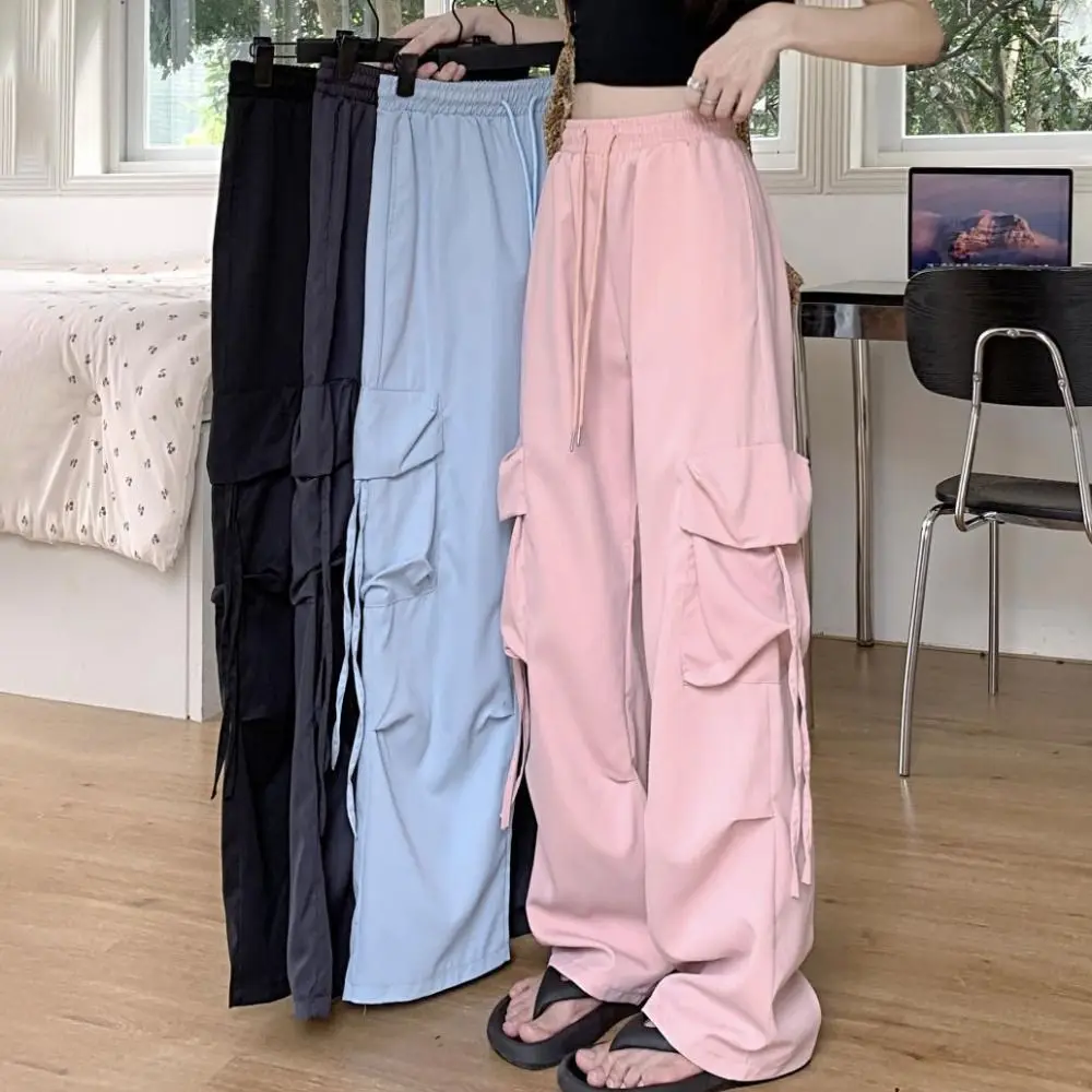 

Drawstring Wide Leg Sweatpants Multi-pockets Oversized Baggy Cargo Pants High Waisted Y2K Women Joggers Trousers Dancing