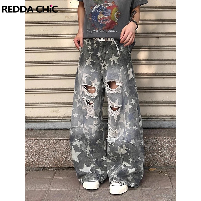 ReddaChic Star Camouflage Wide Leg Jeans for Men Skater Retro Denim Ripped Holes Wide Leg Barrel Baggy Pants Punk Y2k Streetwear