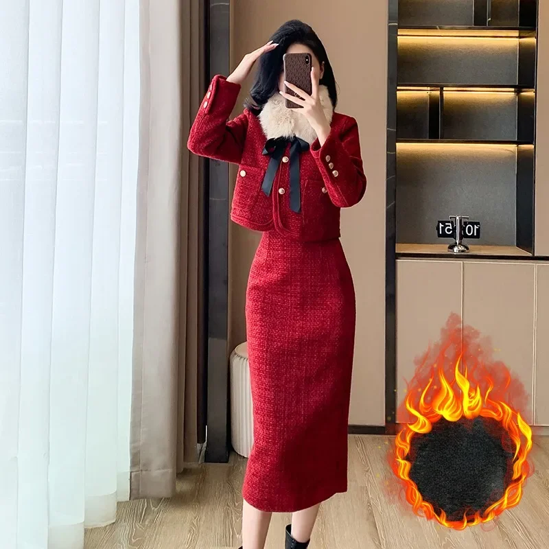 

2025New Year's Gown Senior Sense Socialite Small Fragrance Christmas Red Down two-piece Suit With Detachable Collar Dress