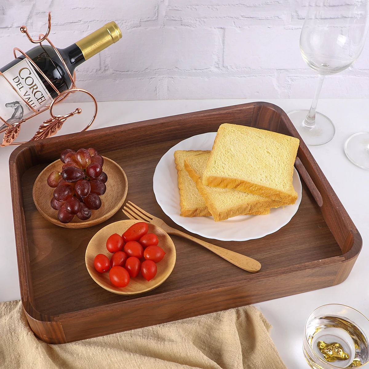 Walnut Wood Serving Tray with Handle Serve Coffee Tea Cocktails Appetizers Rectangle Breakfast Bed Wooden Tray Home Decorative