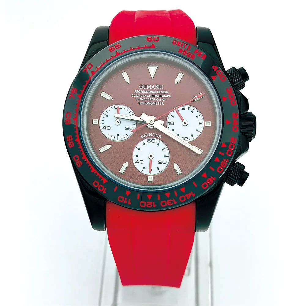 39 มม.นาฬิกาผู้ชายสีดํา VK63 การเคลื่อนไหว chronograph sapphire glass สายยางธุรกิจผู้ชายนาฬิกาข้อมือกันน้ํา 10Bar