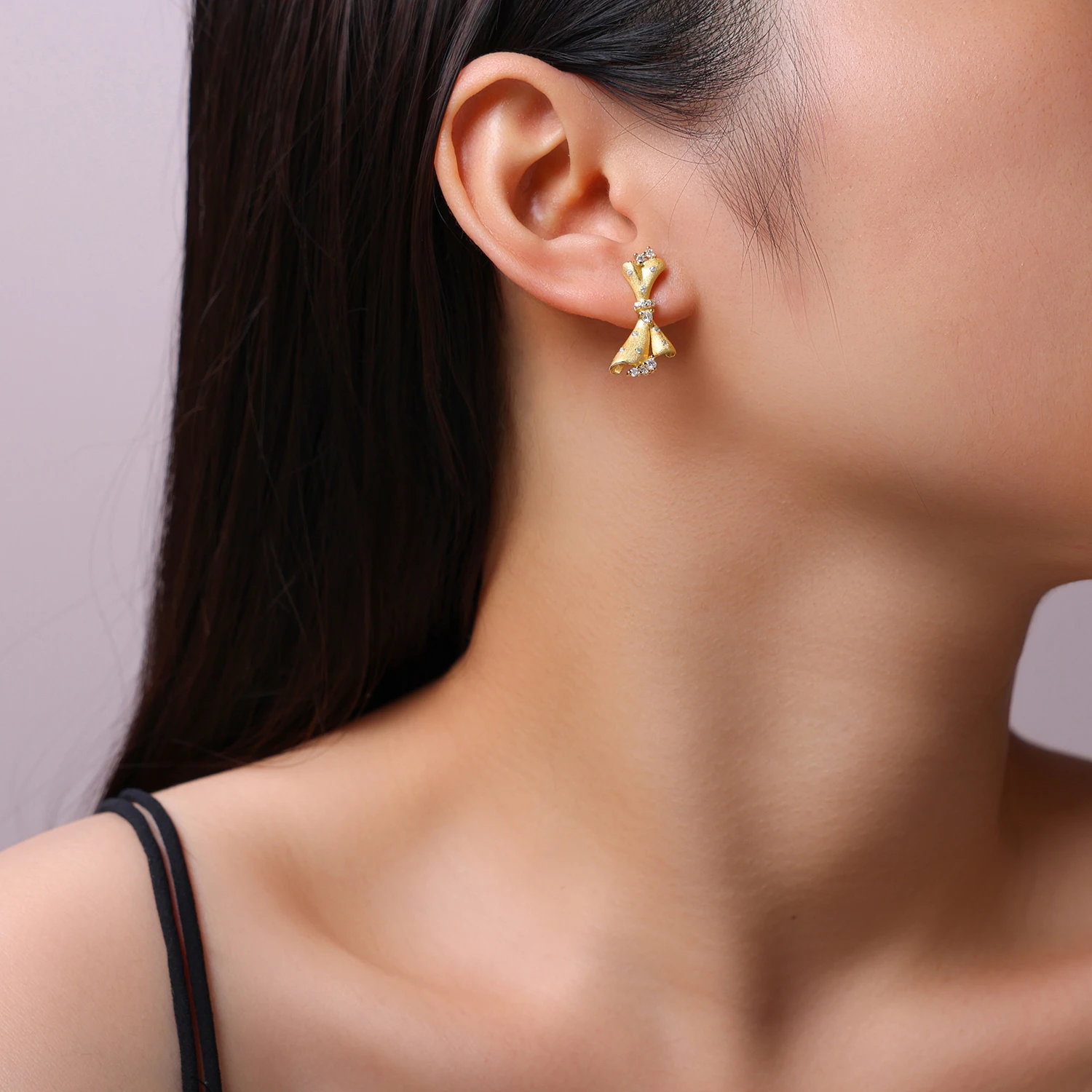 JIUZUAN 2 قطعة القوس مويسانيتي وأقراط S925 الفضة 18K مطلية بالذهب للنساء الإيطالية نحى الحرفية الذهب اللون وأقراط #2