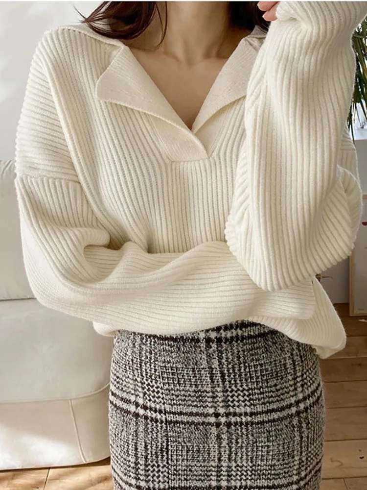 Abrini Women Cashmere Sweater Winter Thick Jumpers Knitted Ribbed Solid Sweater Winter Oversize Pullovers V-neck White Sweaters