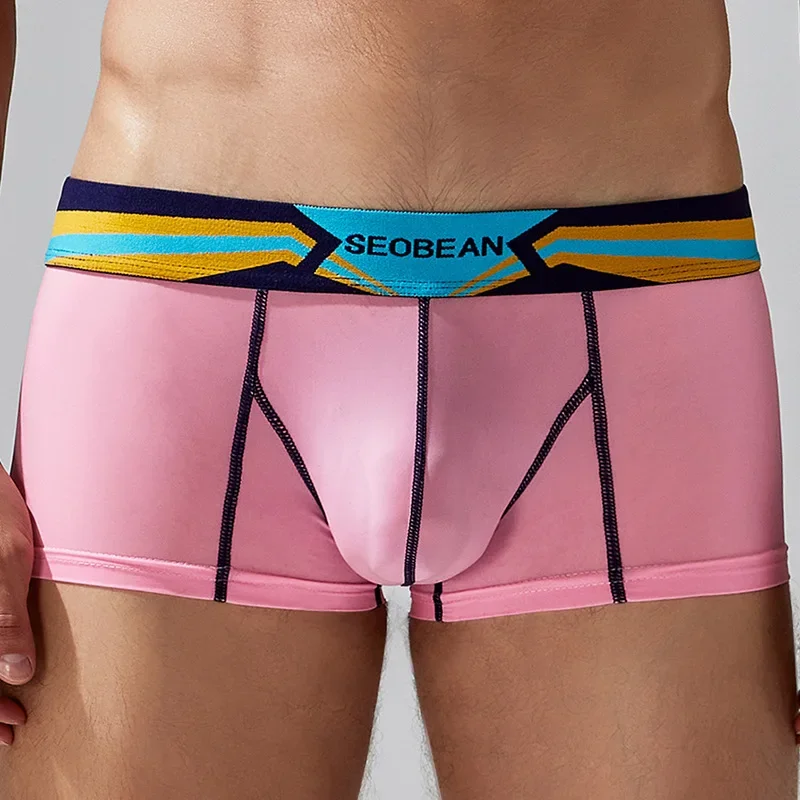 Men's U Convex Pouch Underwear for Young People Low Waist Single-layer Pocket Aro Pant Teenager Nylon Thin Fit Pink Boxer Shorts