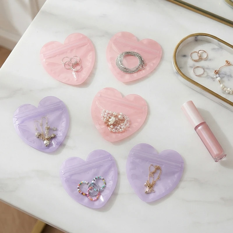 48PCS Heart Design Seal Bags Colorful Pink Purple Plastic Packaging For Jewelry Rings Earrings Bracelets Portable Gifts Wrap ZYF view 3