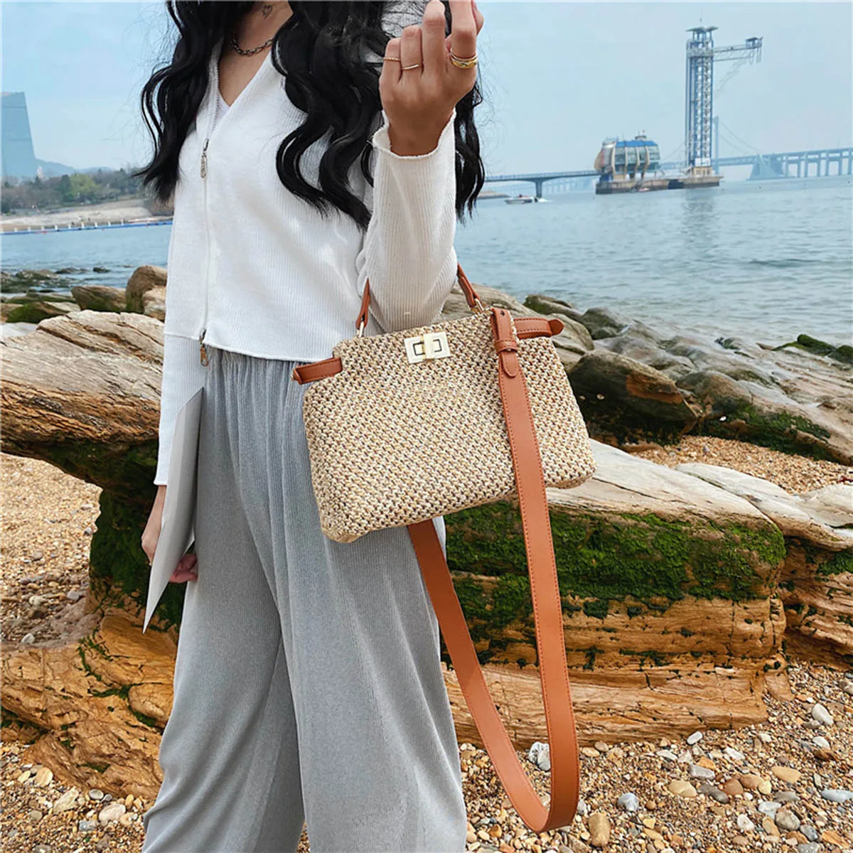 YoReAi Straw Beach Bag Fashion PU Handmade Woven Shoulder Bags Raffia Rattan Handbag Bohemian Summer Casual Small Square Pack