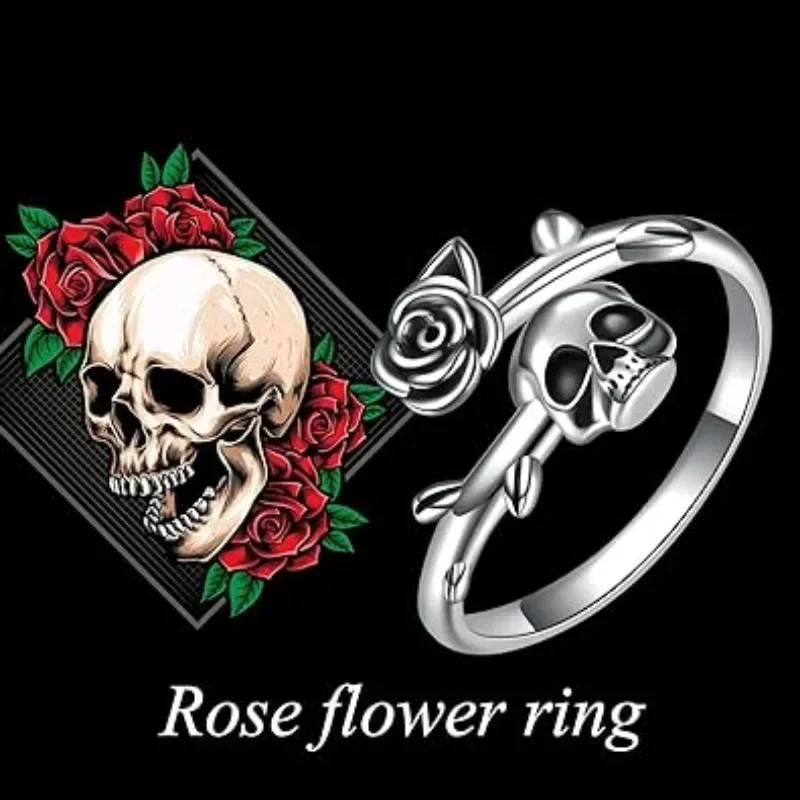Goth Unique Skull Head Rose Silver Color Ring for Women Fine Jewelry Finger Adjustable Open Vintage Ring for Party Birthday Gift