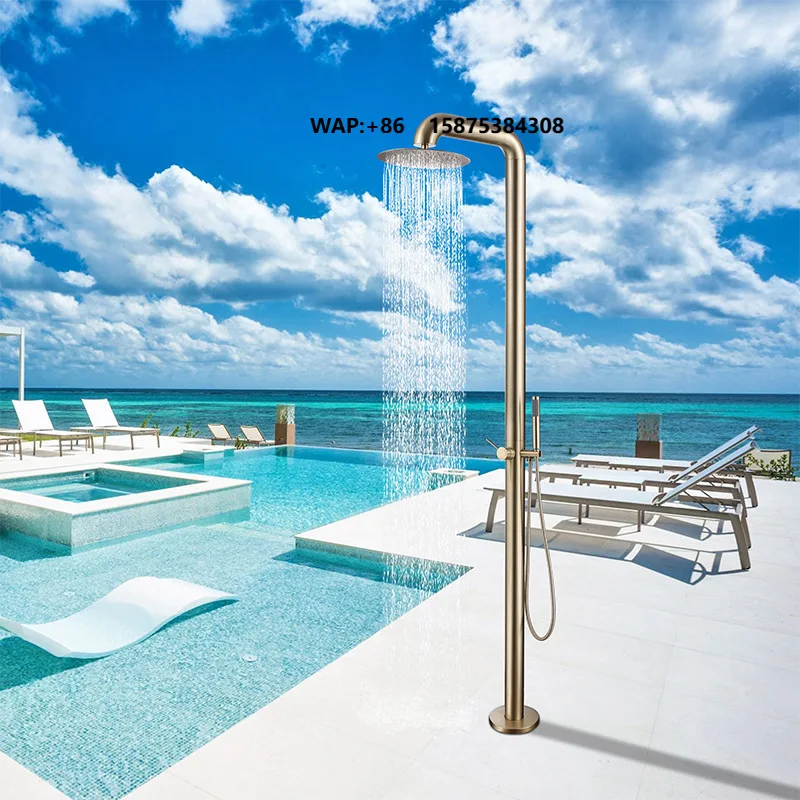New Design Brushed Stainless Steel Outdoor Shower Set Single Lever Hot/Cold Mixer Soft Spray Shower Column for Pool & Garden