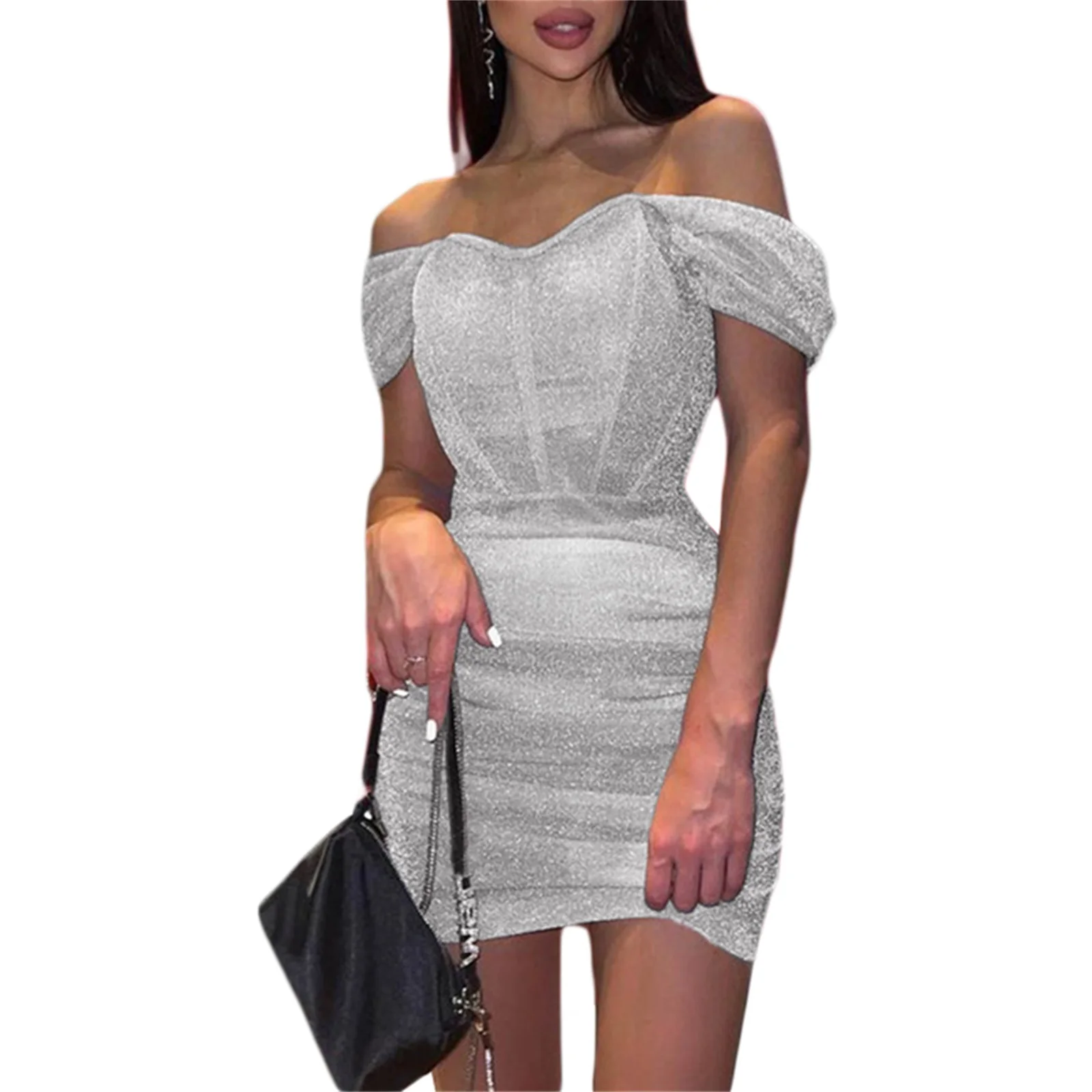 Women Summer Dress Off Shoulder Short Sleeve High Waist Wrapped Silver Black Midi Shoulder pleated sleeve hip dress