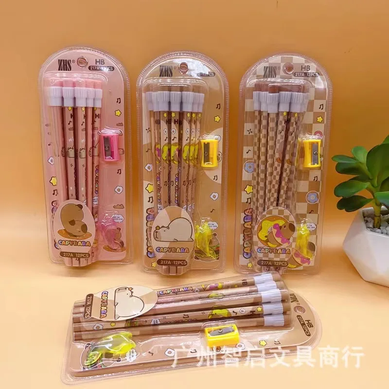 14Pcs/Pack Capybara Triangle Wood Pencil Cartoon  HB Graffiti Graphite Pencil with Pen Holder Pencil sharpener Stationery gift