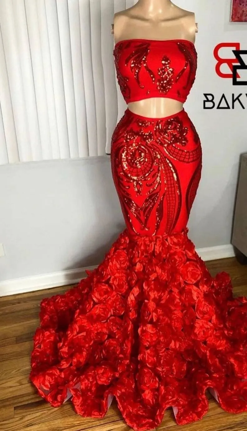 Two Pieces African American Prom Dresses Mermaid Strapless Lace Red Black Girls Nigeria Robe De Soiree Evening Dress Gown