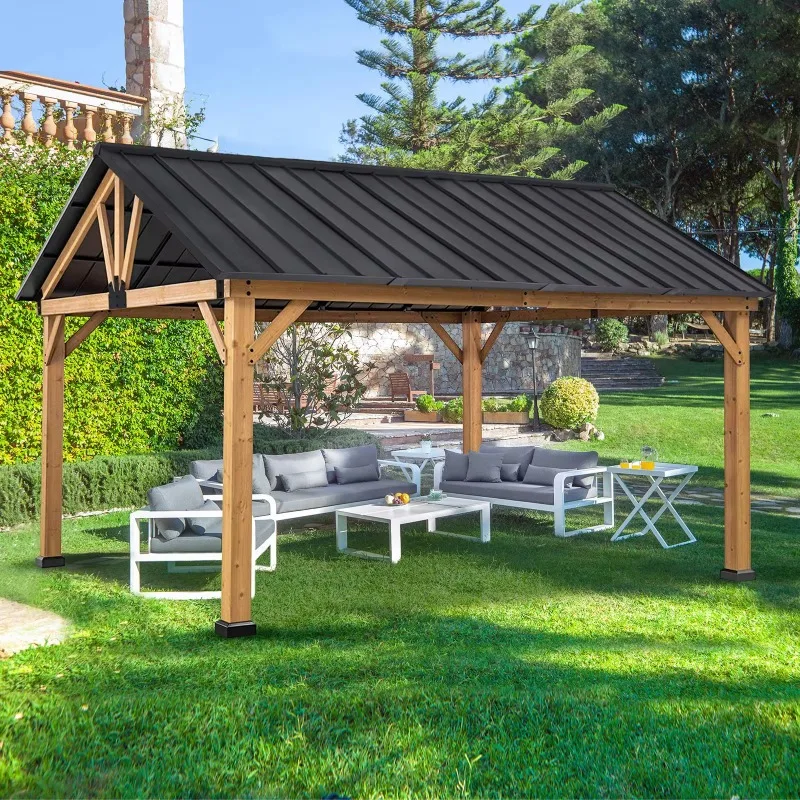 

Custom-designed Pine Carport Gazebo with Steel Roof and Waterproof Aluminum Panels Outdoor Hard-top Structure for Patio Gardens