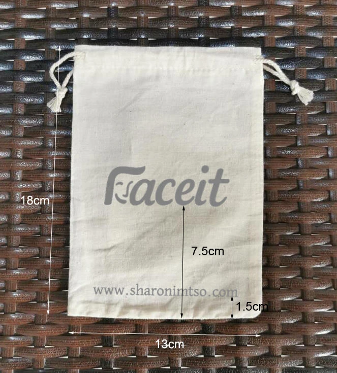 200 Pieces Customised Logo 13x18cm Natural Cotton Bags Drawstring Gift Pouches Screen Printed With Grey Color Logo