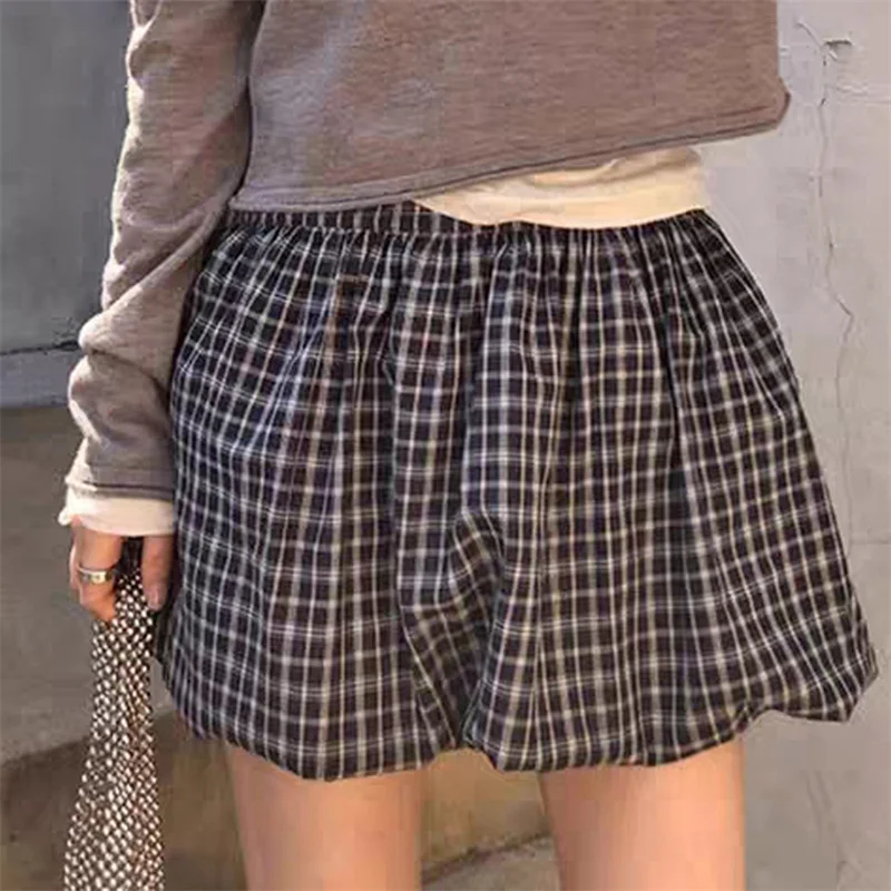 

Chic Women Summer Y2K Bubble Skirt Casual Solid Color/Plaid Print Elastic Mini A-Line Skirt for Beach Vacation Club Streetwear