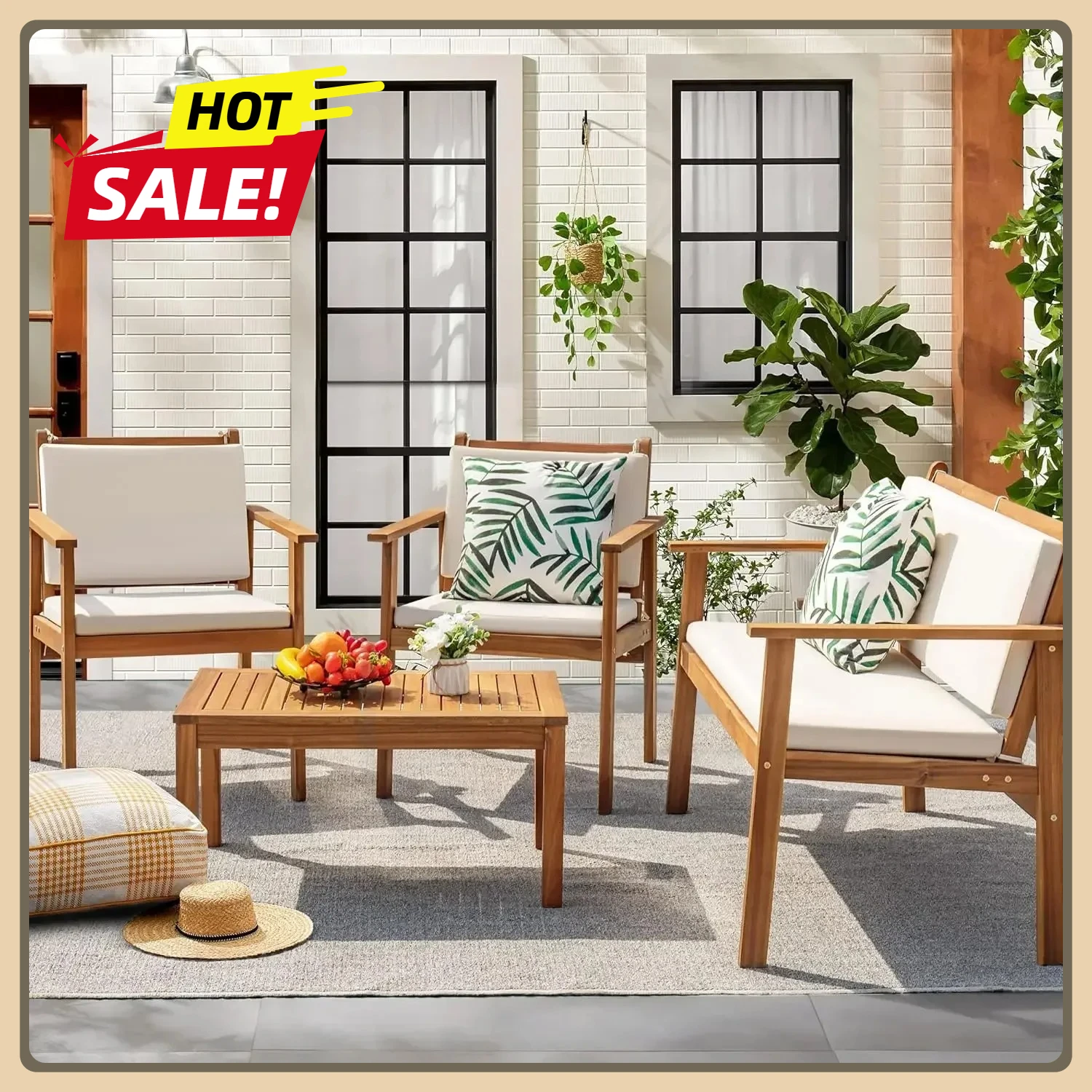

Patio Furniture 4 Piece with Table & Cushions Outdoor Acacia Wood Patio Conversation Sofa Set Porch Furniture for Deck, Balcony
