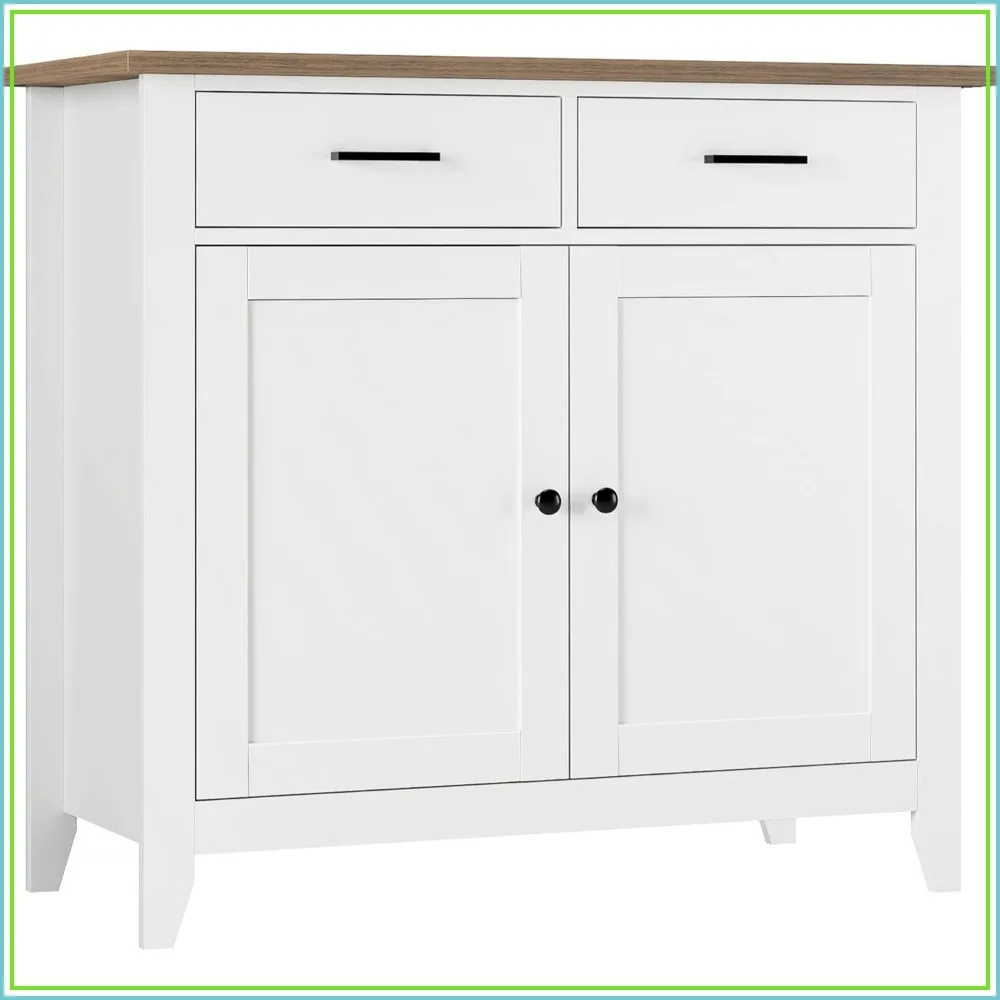 Farmhouse Kitchen Storage Cabinet, Small Buffet Sideboard with Doors, Coffee Bar, White