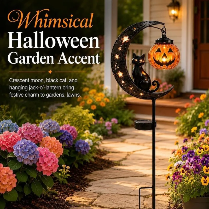 Professional Grade Decorative LED Solar Metal Pumpkin Moon Garden Light Halloween Crescent Moon Lantern For Yard Lawn Patio
