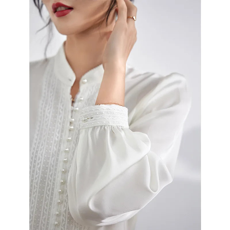 92% Silk Blouse Women White Shirt Elegant Design Solid Stand Neck Lace Long Sleeves Office Top New Fashion