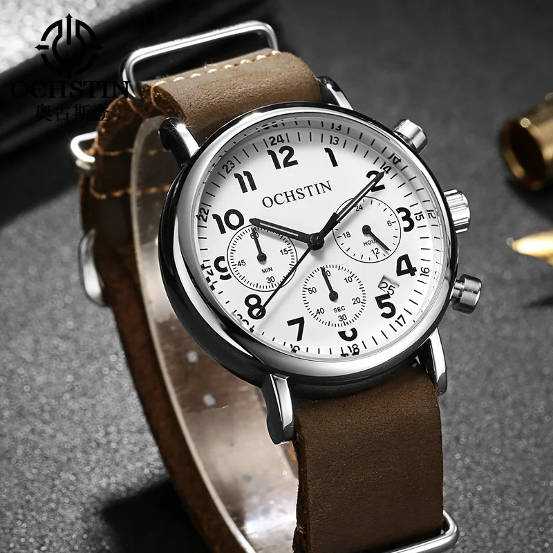 OCHSTIN Men's Watch 3ATM Waterproof Quartz Chronograph 24h Date Luxury Leather Slip-Through Strap Male Sport Military Wristwatch