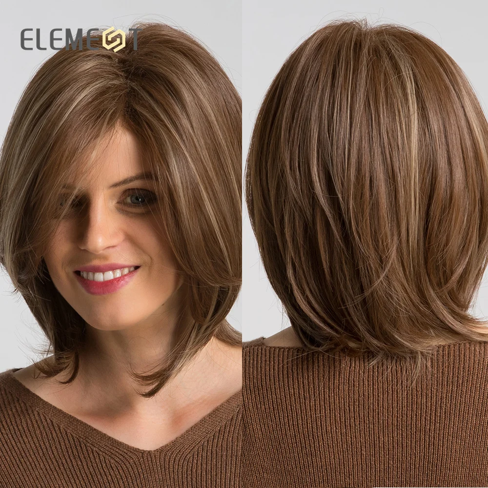 ELEMENT Synthetic Short Straight Bob Wig Mixed Brown Blonde Natural Wigs Heat Resistant Daily Party Wig for Women Hair Natural