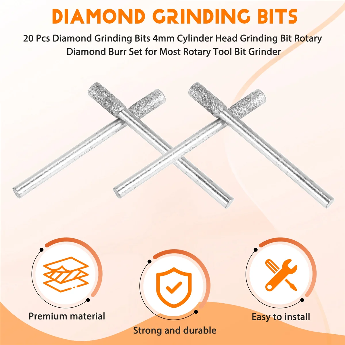 A24I 20 قطعة لقم طحن الماس 4 مللي متر رأس الأسطوانة طحن بت الروتاري الماس لدغ مجموعة لمعظم أداة دوارة بت طاحونة #5