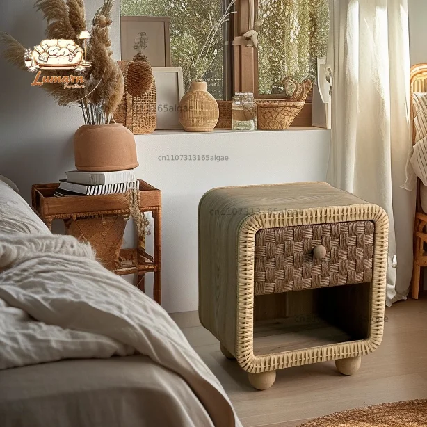 Handmade solid wood rattan bedside table pastoral style South French bedroom sofa storage cabinet B & B girls children's room