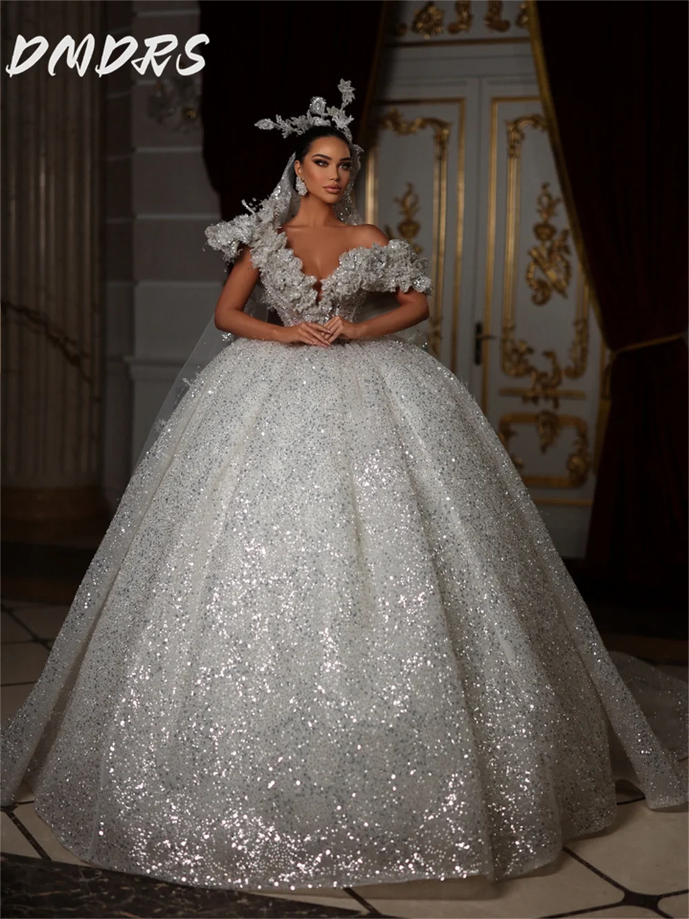 

Luxurious Off Shoulder Wedding Dress 2025 Classic 3D Flower Beaded Bridal Gown Shiny Applique Elegant Ball Gown Customized