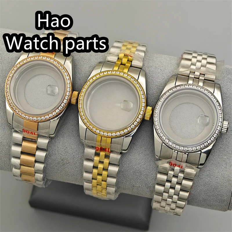 BLIGER 31mm Luxury Diamond Bezel Women Watch Case Two Tone Gold Rose Gold Sapphire Glass Steel Strap Fit NH05 NH06 Movement