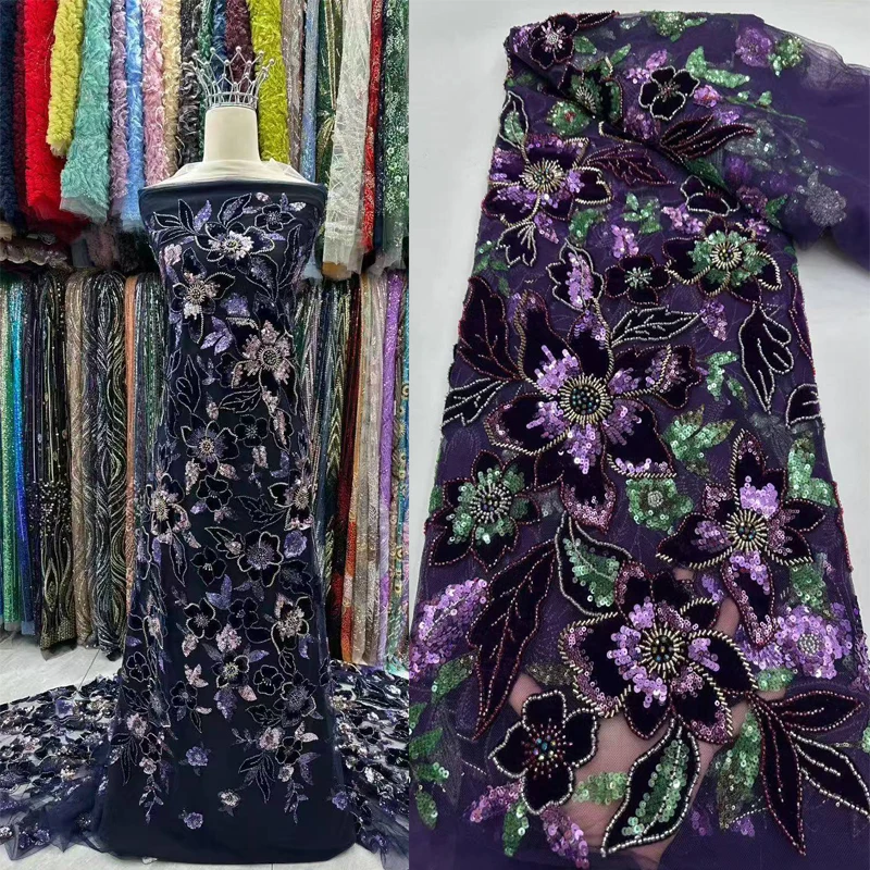 

2025 African Mesh Sequin Lace Fabric 5 Yards High Quality French Tulle Lace Nigerian Luxury Sequins Fabric For Women Party Dress