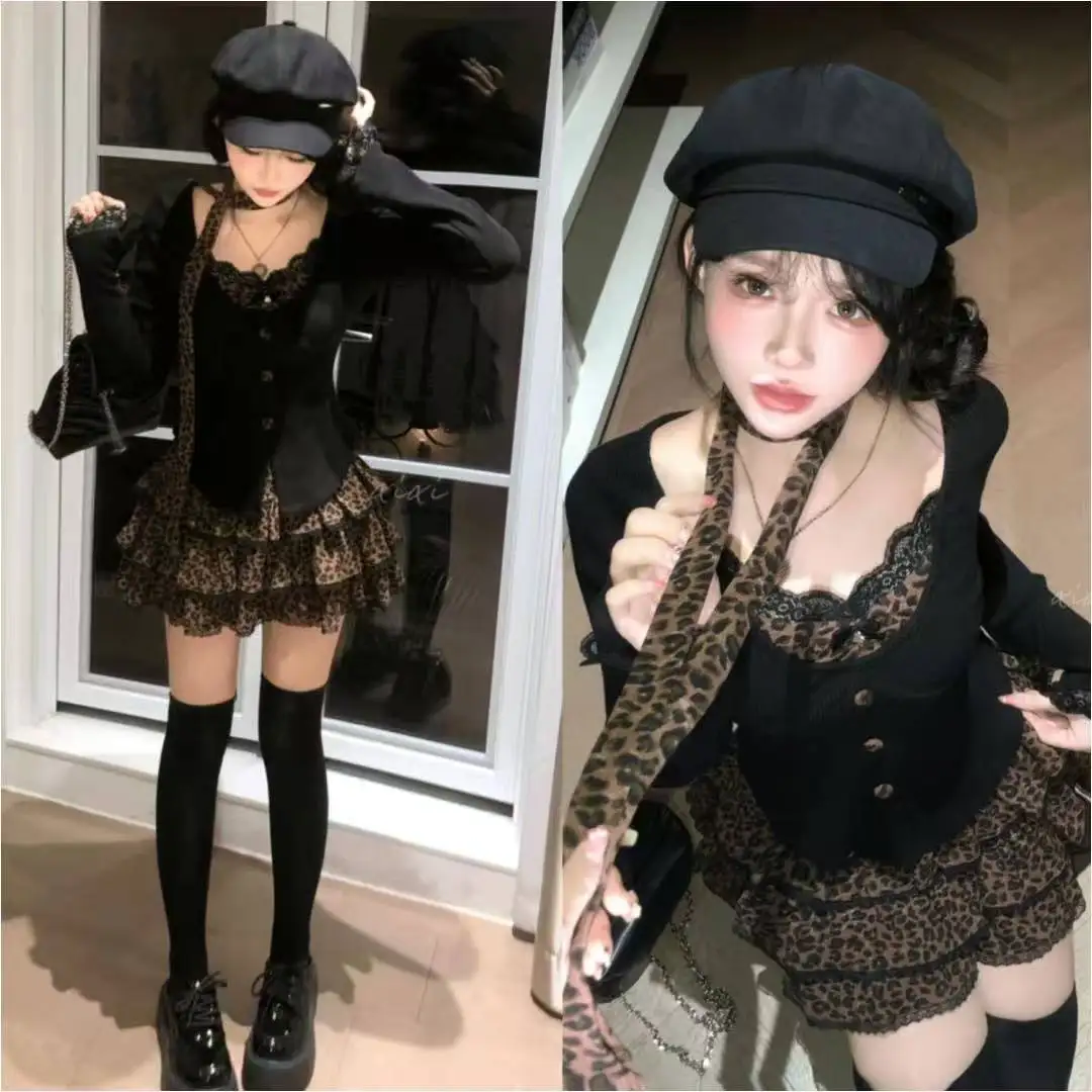 American Style Vintage 2 Piece Set Spicy Girl Sexy Sleeveless Mini Dress Knitted Ruffle Y2k Cardigan Korean Fashion Suit Woman