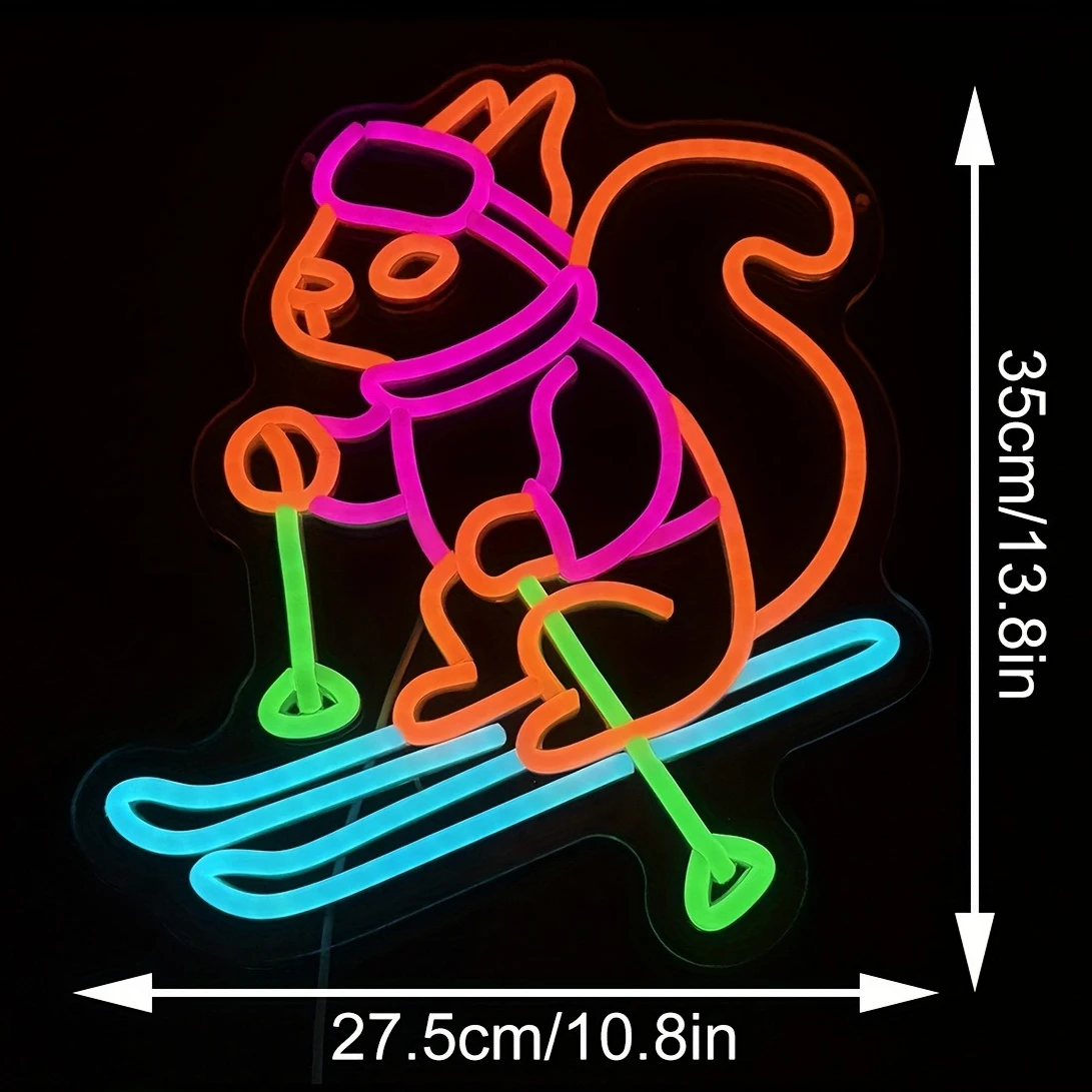 Letrero de neón de esquí de ardilla, luz de neón LED regulable por USB para deportes de invierno, para dormitorio, Club de esquí, tienda de mascotas, decoración, regalo para amantes del esquí