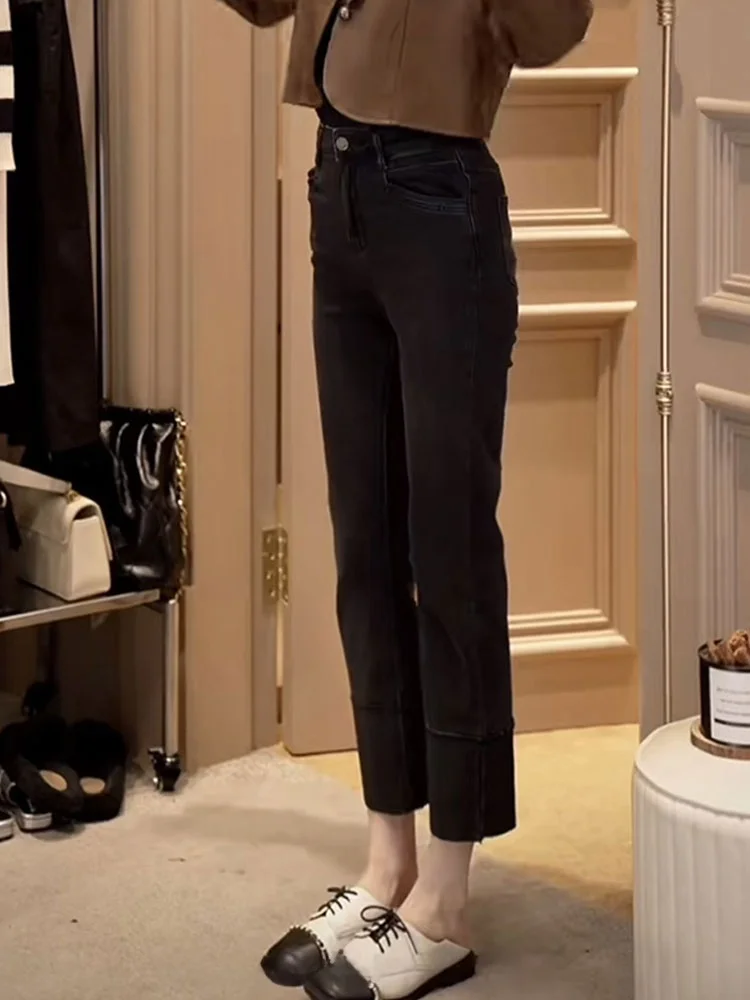 

Oajer Flagip Store Women's Straight Leg Jeans High Waist Nine Points Flip up Cuff Versatile Autumn Denim Pants for Women