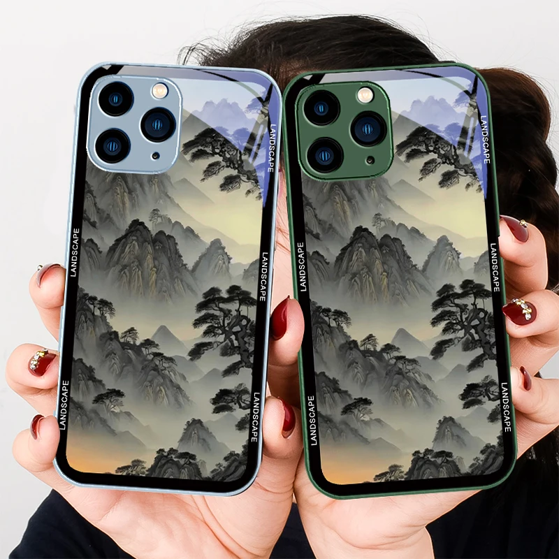 Mountain View Trees-Funda de vidrio templado para teléfono móvil, carcasa negra y púrpura para Iphone 16 Plus 15 14 13 12 Mini 11 Pro Max X XS XR 7 8 Plus 2022