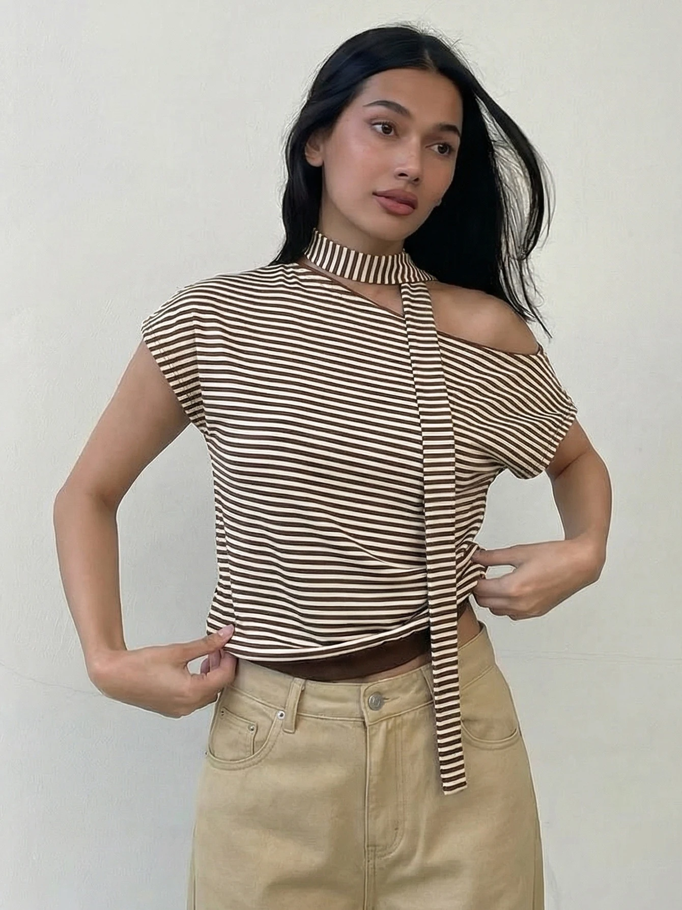 Dulzura Inclined Shoulder Backless Slim Ribbon Striped Top Women'S Fashion Casual Versatile Top Street Style Y2K Summer Clothes