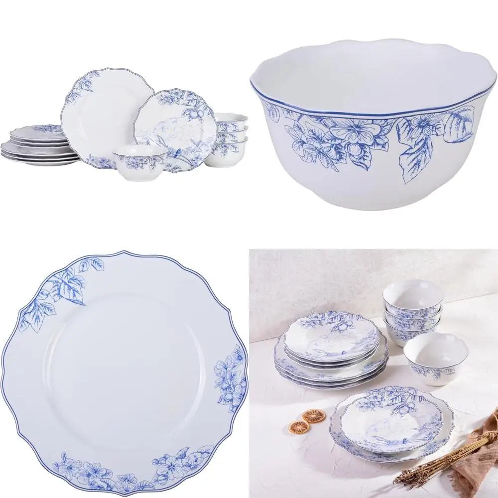 

222 Fifth Hudson Valley 12-Piece Porcelain Dinnerware Set for 4, White Plates and Bowls with Blue Floral and Wildlife Design