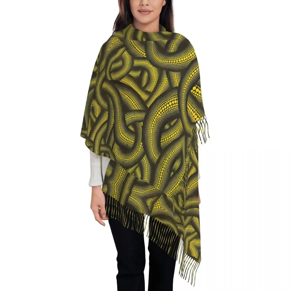 

Yayoi Kusama Scarf Ladies Yellow Black Rope Head Scarves with Tassel Autumn Retro Shawls and Wraps Warm Soft New Design Foulard
