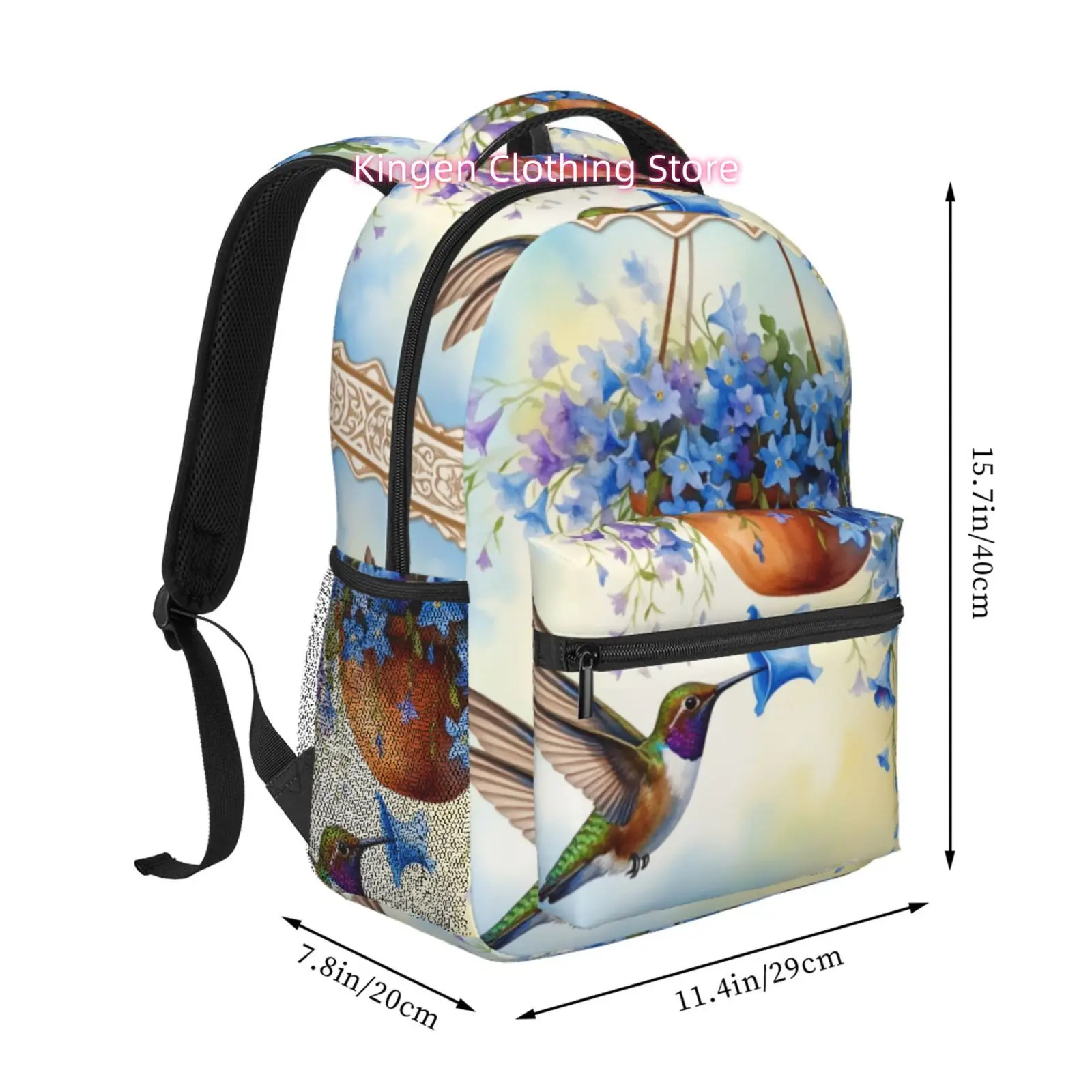 Watercolor Hummingbird And Blue Flowers Print Adult Backpack, Oxford Cloth Adjustable Shoulder Strap Casual Travel Bag for Women