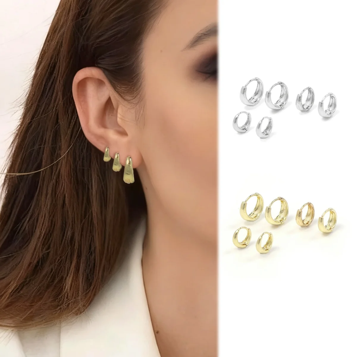Two-Tone Hoop Set 6PCS Gold Silver Teardrop Modern Dangle Layered Ear Styling Essential