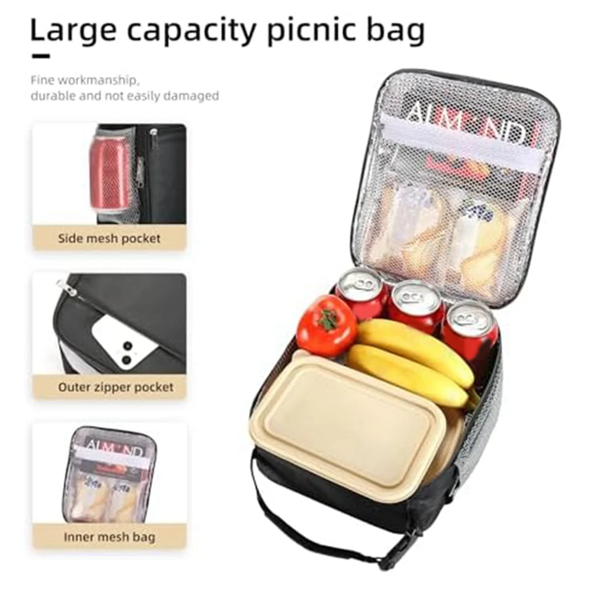 ABQR Lunch Box Borsa per il pranzo per uomo Donna Capacità Lunchbox Borse per il pranzo riutilizzabili Borsa per il pranzo isolata Lunch Box Cooler (Nero)