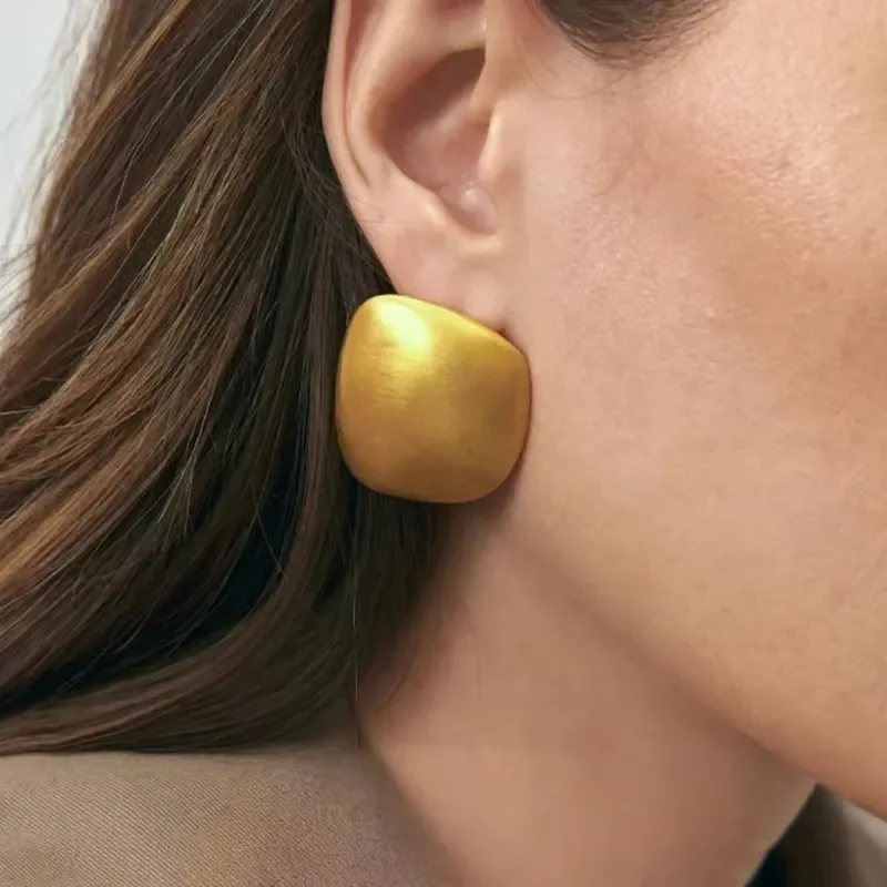 Brushed square authentic stud earrings women's light luxury high sense exaggerated simple earrings commuting versatile