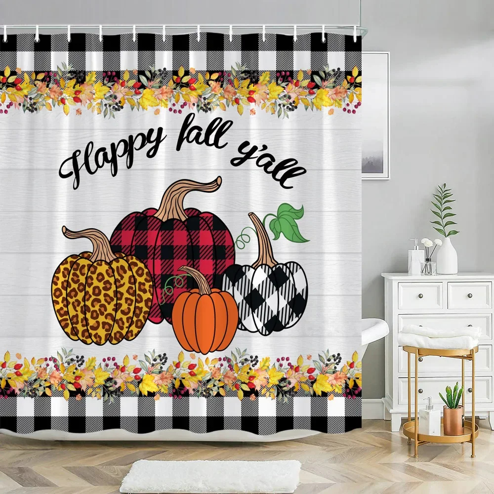 Fall Pumpkin Floral Bathroom Shower Curtain Funny Gnomes Fall Falling Maple Leaves Bathroom Decor Shower Curtain with Hooks