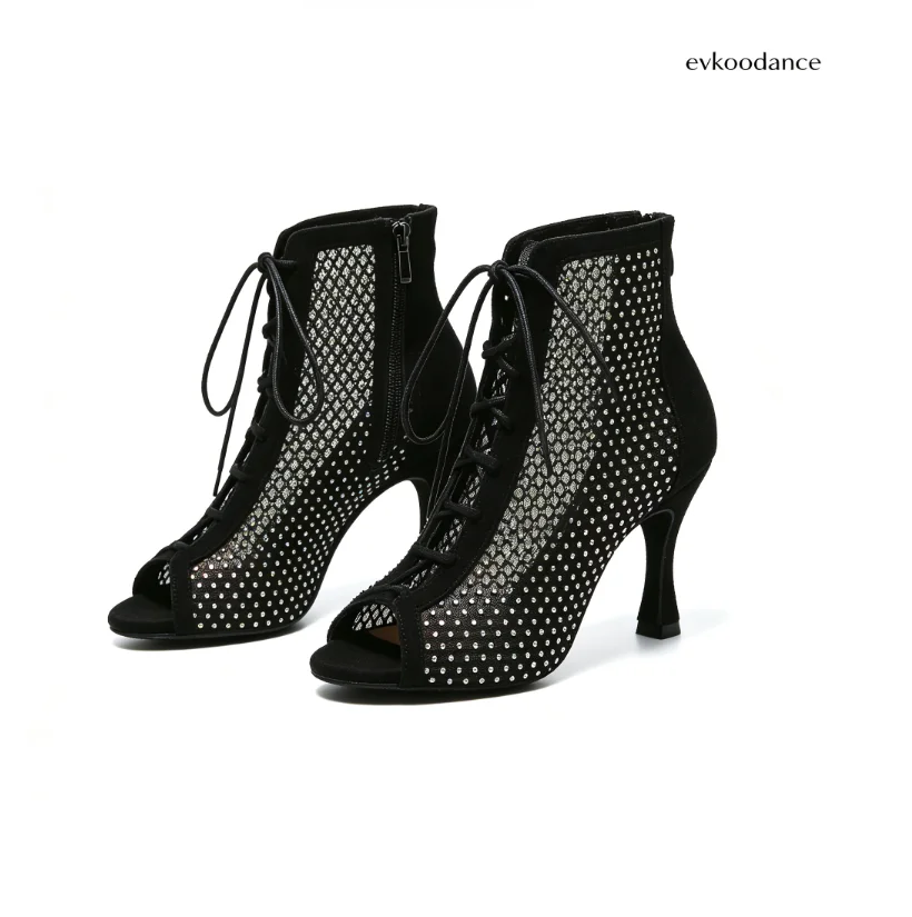 Evk Women's Rhinestone Mesh Ankle Dance Boots Back Zipper Latin Salsa Ballroom Booties Suede Sole Party Sneaker Dancing Footwear