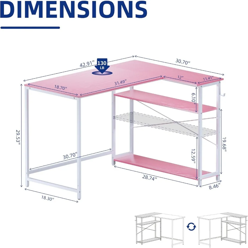 43 Inch L Shaped Computer Desk with Reversible Side Storage Shelves, Small Corner Desk for Small Space Home Office,Writing