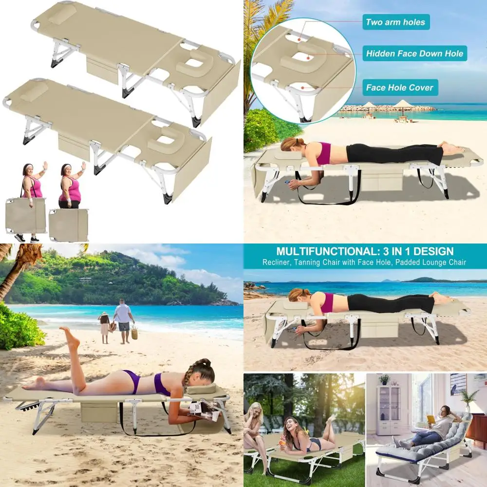 ABORON Oversized Folding Sun Tanning Chair, 3 in 1 5-Position Adjustable Outdoor Heavy Duty Chaise Lounge Chairs, with Face & Ar