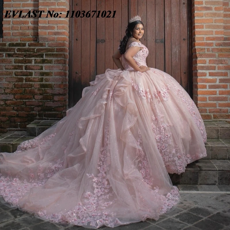 EVLAST Customized Pink Quinceanera Dress Ball Gown 3D Floral Lace Applique Beaded With Ruffles Sweet 16 Vestidos De Anos SQ347