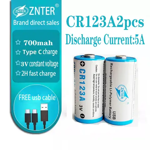 znter CR123A 3V 700mah  3.0V TYPE C usb  rechargeable Li-polymer  5A discharge  3V constant voltage high power lithium battery