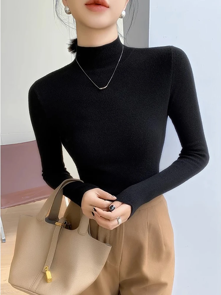 2025 décontracté mince col roulé pulls automne hiver femmes pull Vintage basique solide tricoté Tops coréen Simple Chic pull