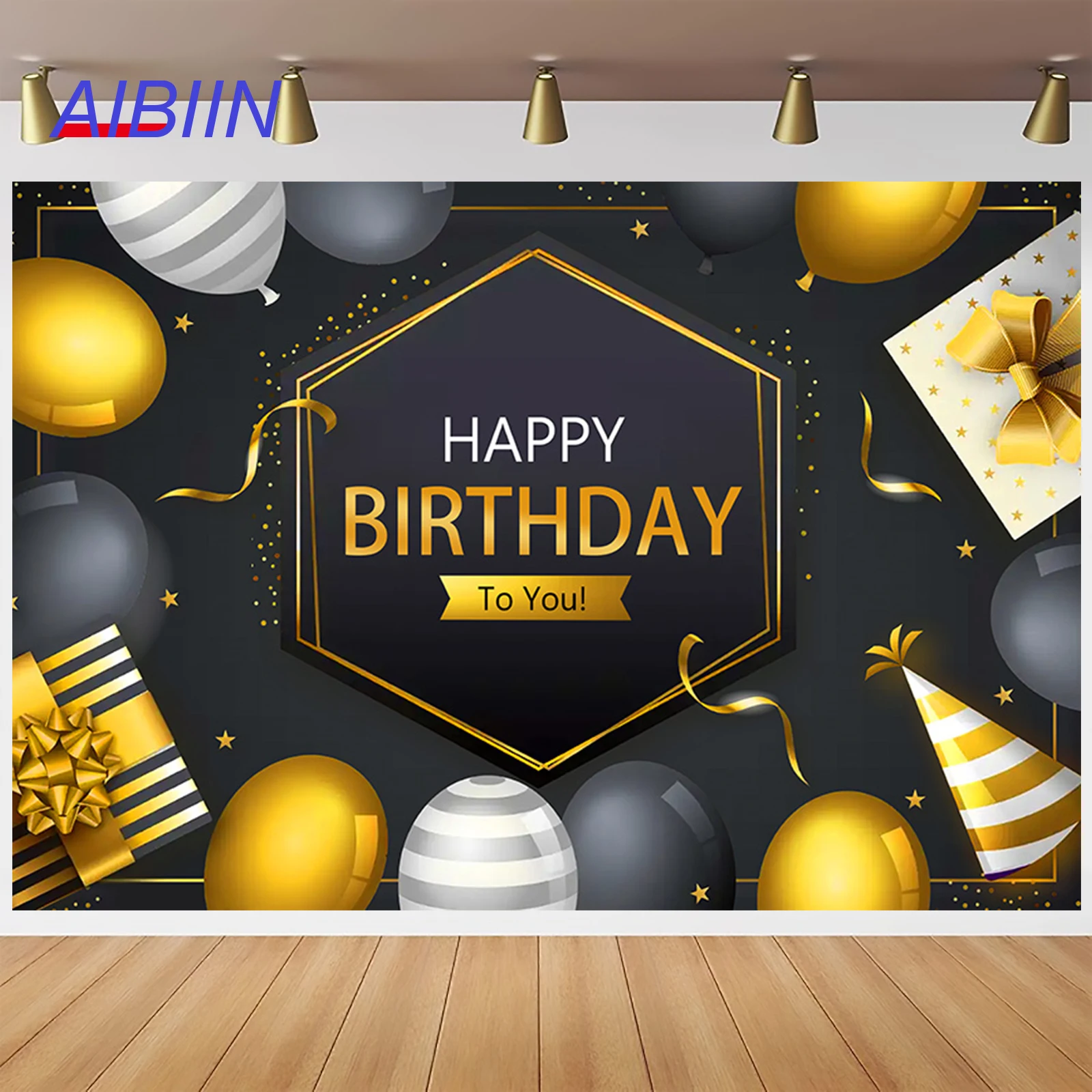 

Black Gold Birthday Backdrop for Photography Balloon and Gift Box Photozone Background Decor Women Men Shoot Banner Poster Prop