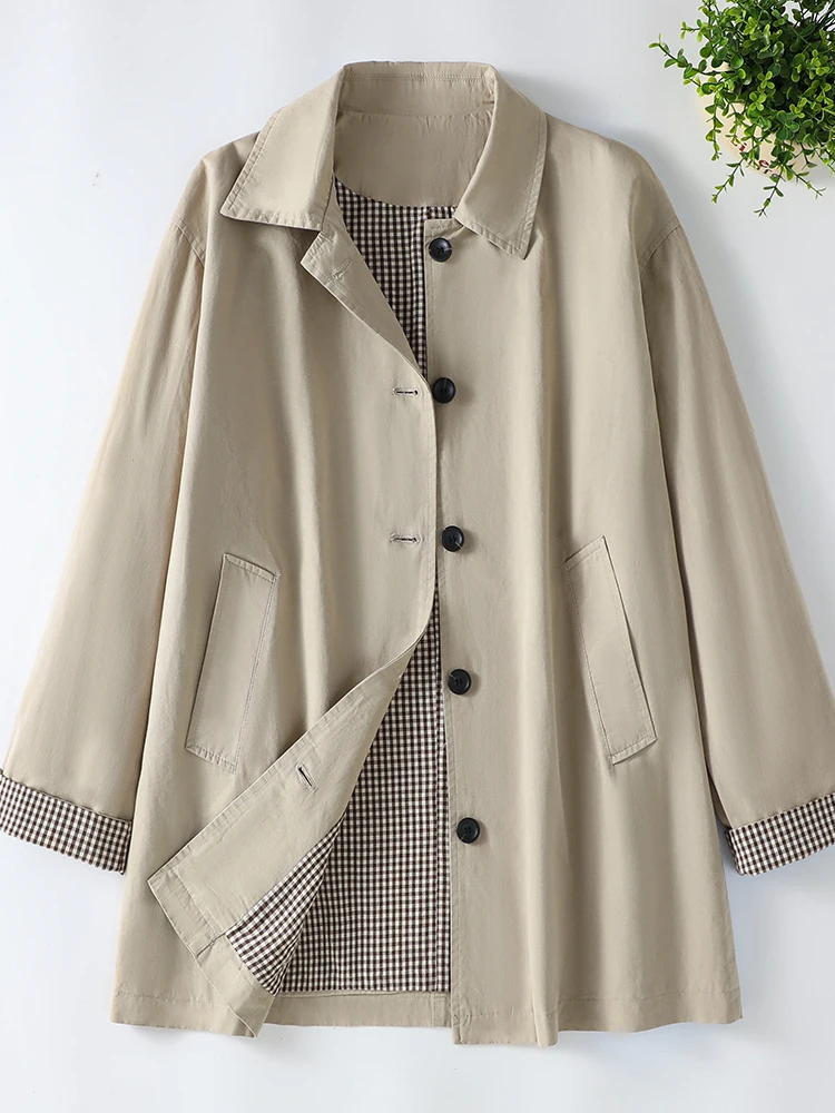 Fashionable Plaid Oversized Mid-Length Coat for plus Size Women Autumn New Arrival Simple Casual Versatile Inner Lined Jacket