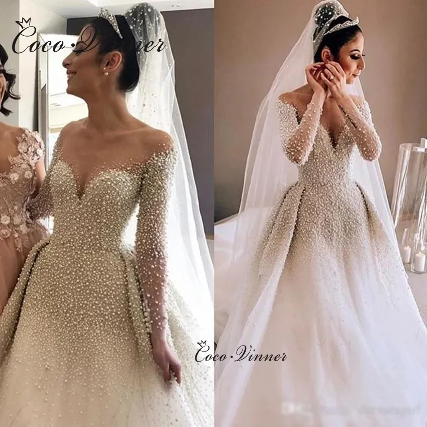 

Роскошное свадебное платье с жемчугом и бисером по индивидуальному заказу, Новое поступление 2025 года, дизайн 2 в 1, свадебные платья трапециевидной формы со съемным шлейфом W1371